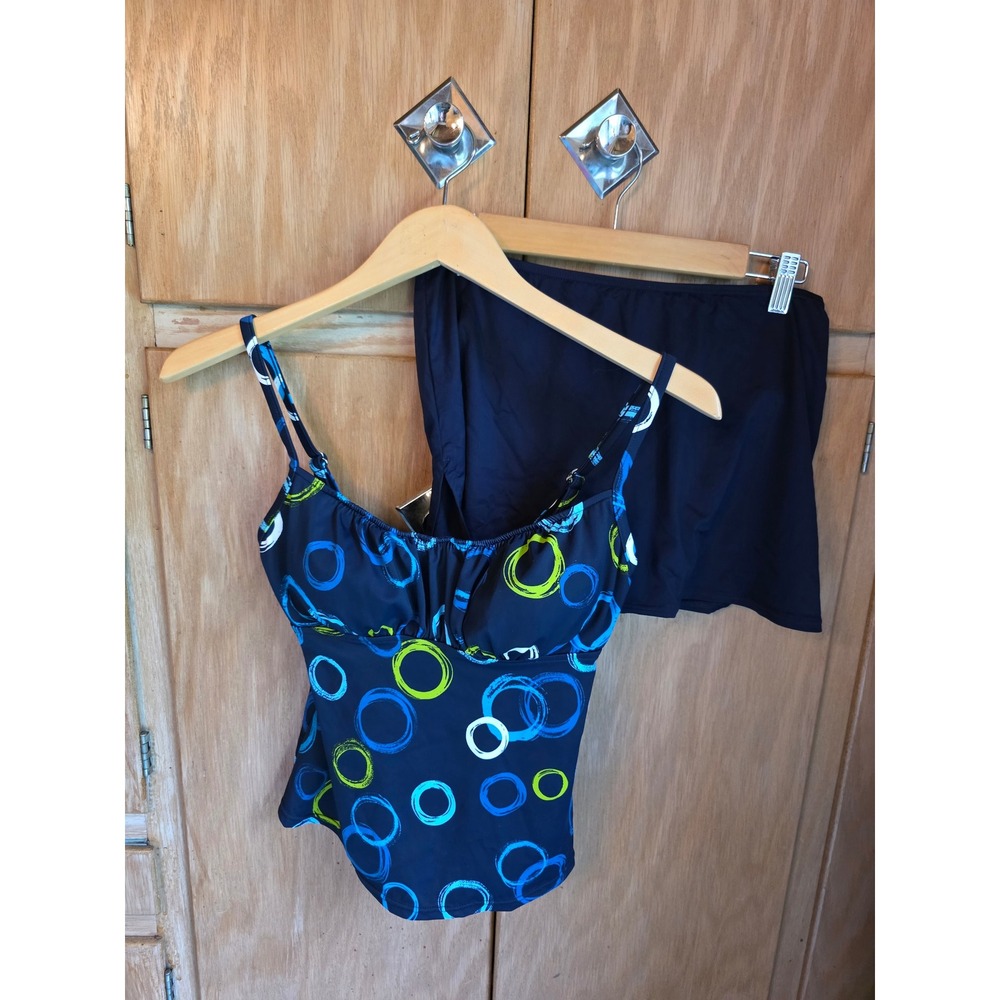 Caribbean Joe Tankini Top & Coco Reef Swim Skirt Set Navy Blue Circles Sz 10/M
